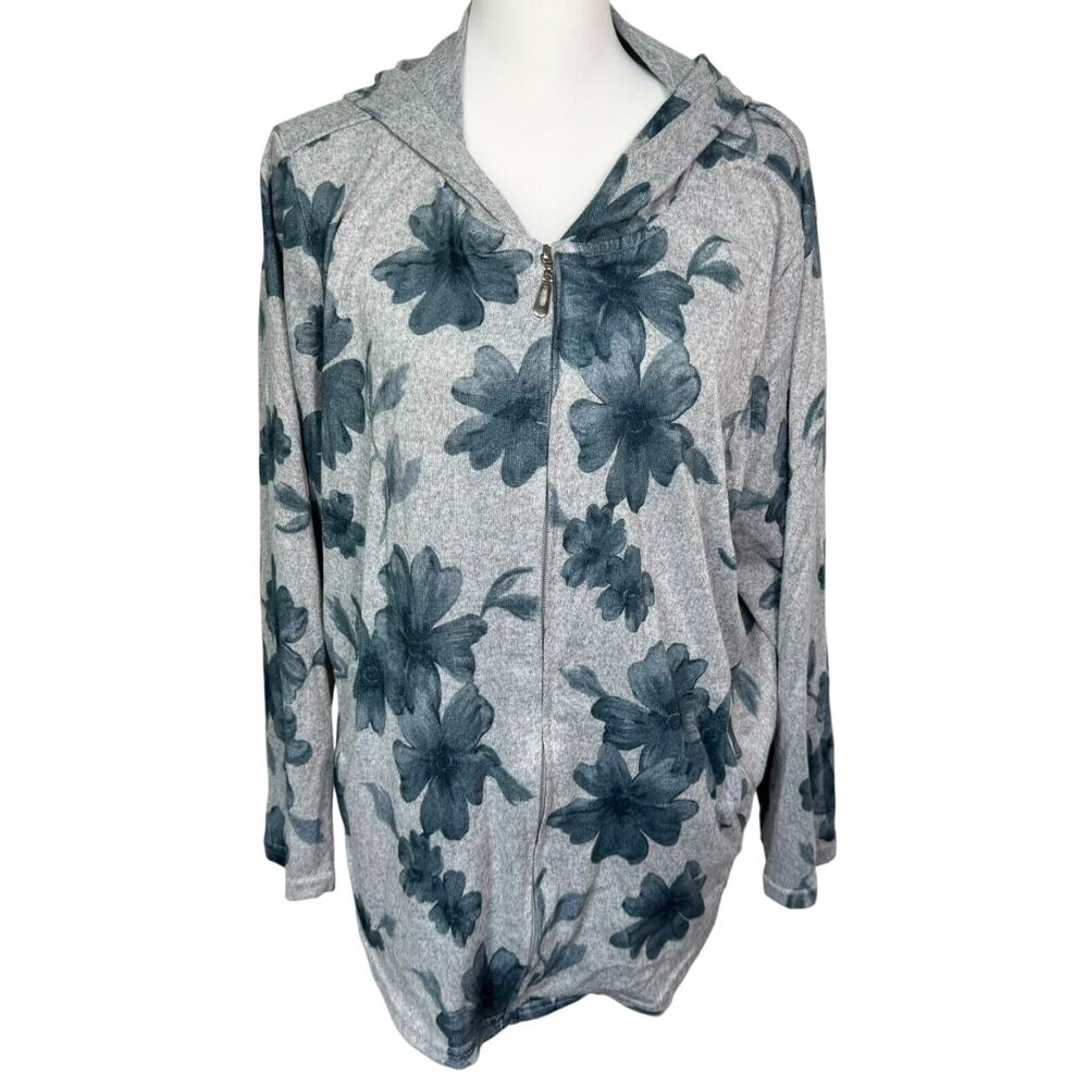 C.D. DANIELS Women’s 2X Gray Blue Floral‎ Lightweight Hoodie Full Zip Pockets